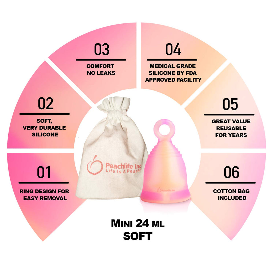 Mini Menstrual Cup With Ring For Easy Removal - Small 24ml Low Cervix - Soft - 12 Hour No Spill - Pad and Tampon Alternative - FDA Approved Medical Grade Silicone - Teen PEACHSWIRLCUP by PEACHLIFE INC