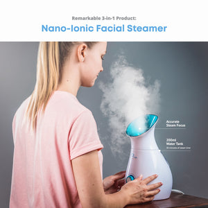 NanoSteamer - Large 3-in-1 Nano Ionic Facial Steamer with Precise Temp Control - 30 Min Steam Time - Humidifier - Unclogs Pores - Blackheads - Spa Quality - Bonus 5 Piece Stainless Steel Skin Kit